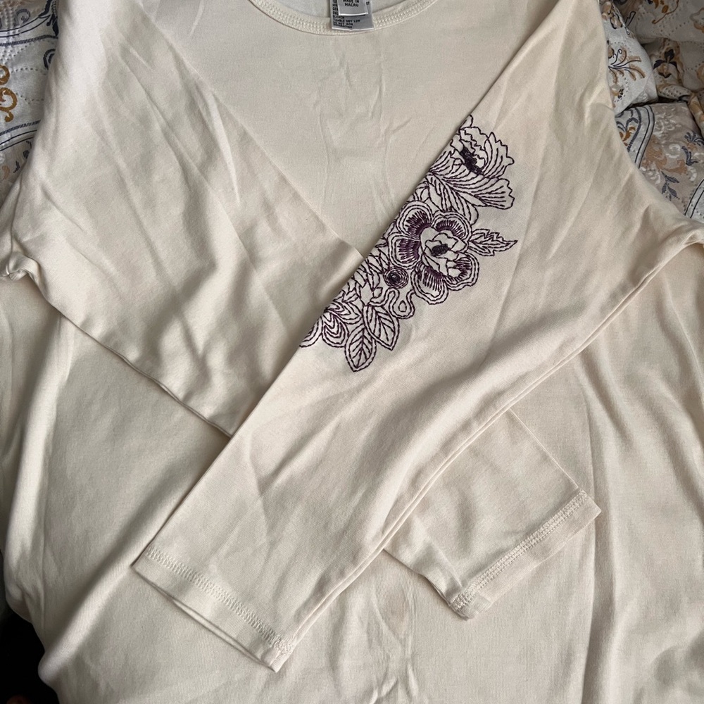 Talbots Cream Top with Purple Floral Accents